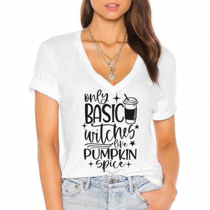 I Hate Pumpkin Spice Funny Basic Witch Halloween  Women's Jersey Short Sleeve Deep V-Neck Tshirt