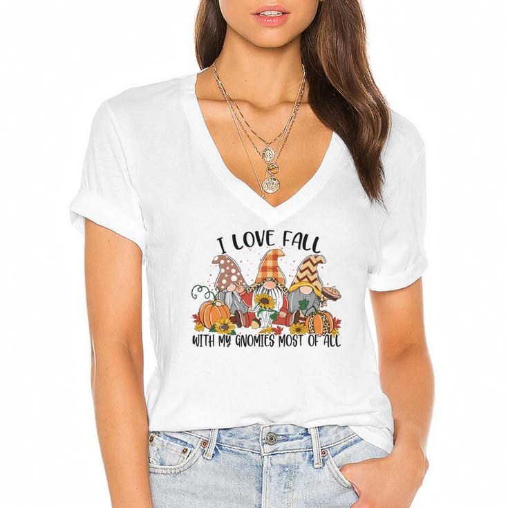 I Love Fall With My Gnomes Most Of All Fall Gnomes Thanksgiving Women's Jersey Short Sleeve Deep V-Neck Tshirt - Thegiftio