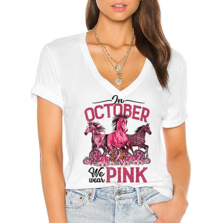 In October We Wear Pink Horse Leopard Pumpkin Breast Cancer  Women's Jersey Short Sleeve Deep V-Neck Tshirt