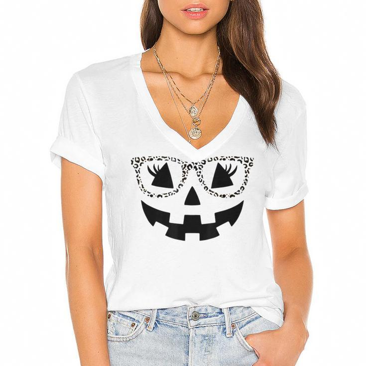Jack O Lantern Face Pumpkin Halloween Leopard Print Glasses  Women's Jersey Short Sleeve Deep V-Neck Tshirt