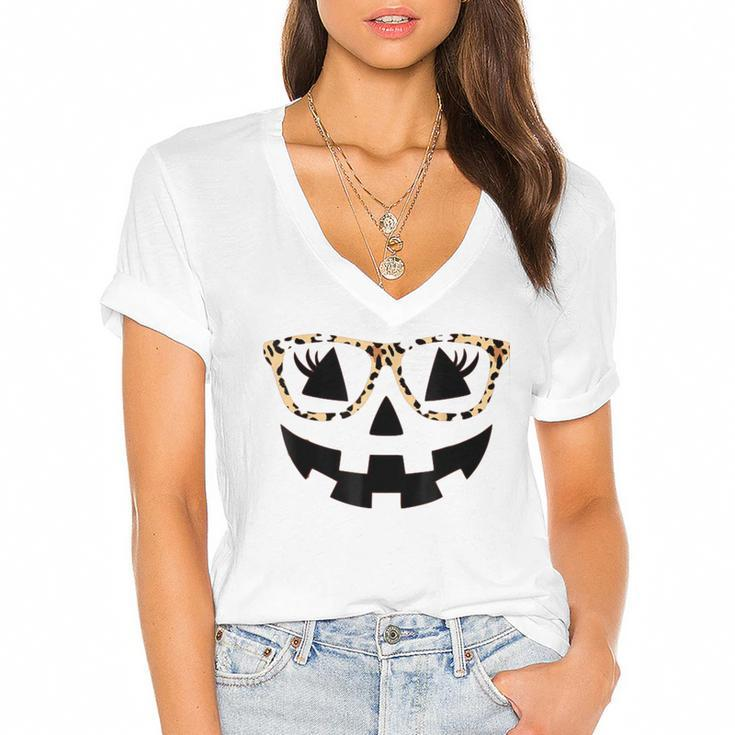 Jack O Lantern Pumpkin Halloween Costume Leopard Glasses  Women's Jersey Short Sleeve Deep V-Neck Tshirt