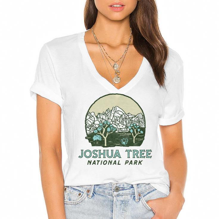 Joshua Tree National Park Vintage Mountains & Trees Sketch  Women's Jersey Short Sleeve Deep V-Neck Tshirt