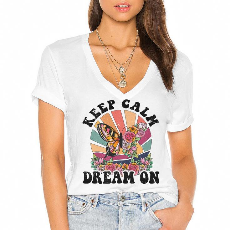 Keep Calm Dream On Vintage Boho Design V2 Women's Jersey Short Sleeve Deep V-Neck Tshirt