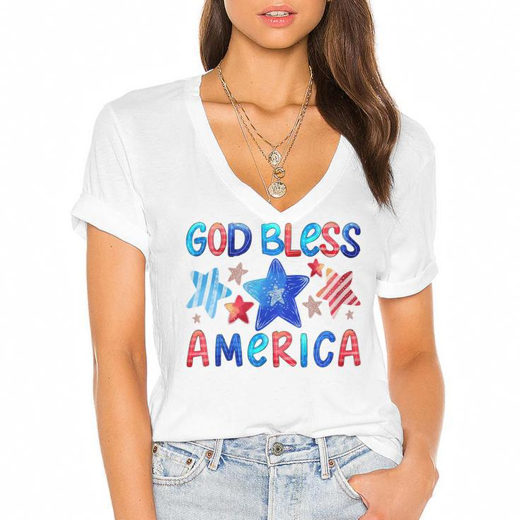 Kids Cute American Flag Girls 4Th Of July God Bless America Kids  Women's Jersey Short Sleeve Deep V-Neck Tshirt