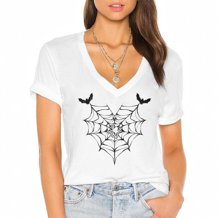 Lazy Spider Web Heart Cute Halloween Costume Women Girls  Women's Jersey Short Sleeve Deep V-Neck Tshirt