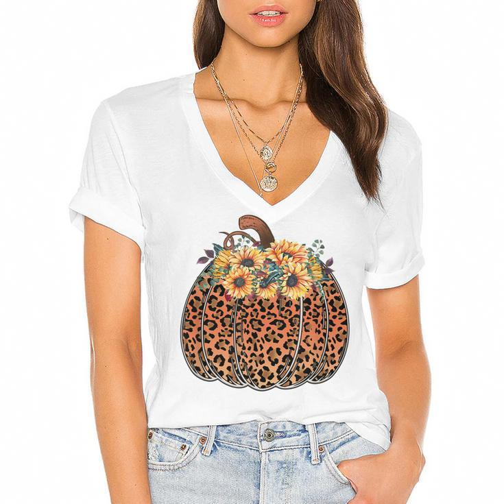 Leopard Pumpkin Womens Halloween Sunflowers Thanksgiving  Women's Jersey Short Sleeve Deep V-Neck Tshirt