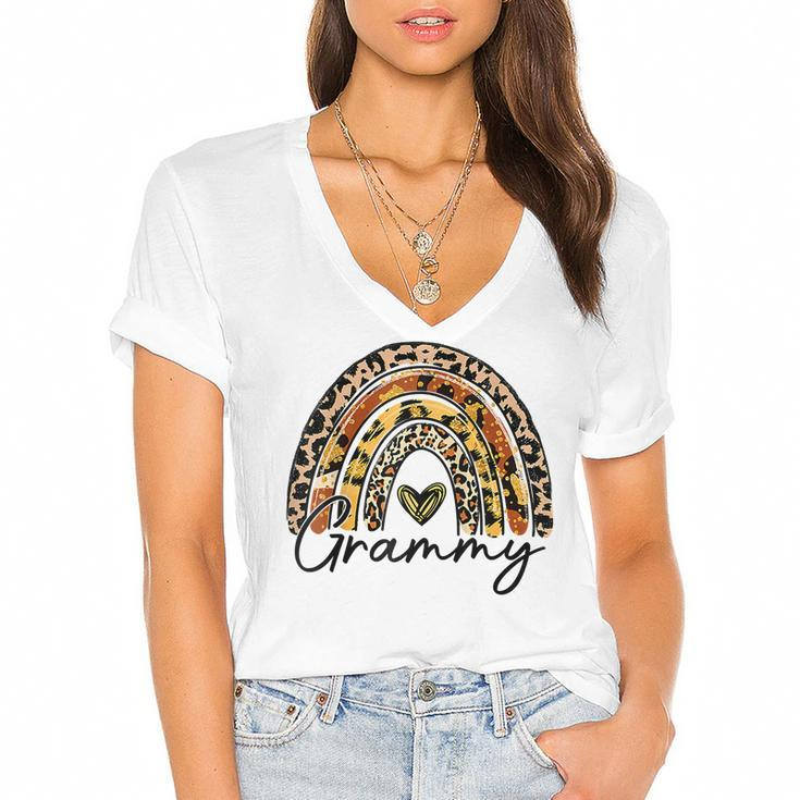 Leopard Rainbow Blessed Grammy Funny Grammy Mothers Day  Women's Jersey Short Sleeve Deep V-Neck Tshirt