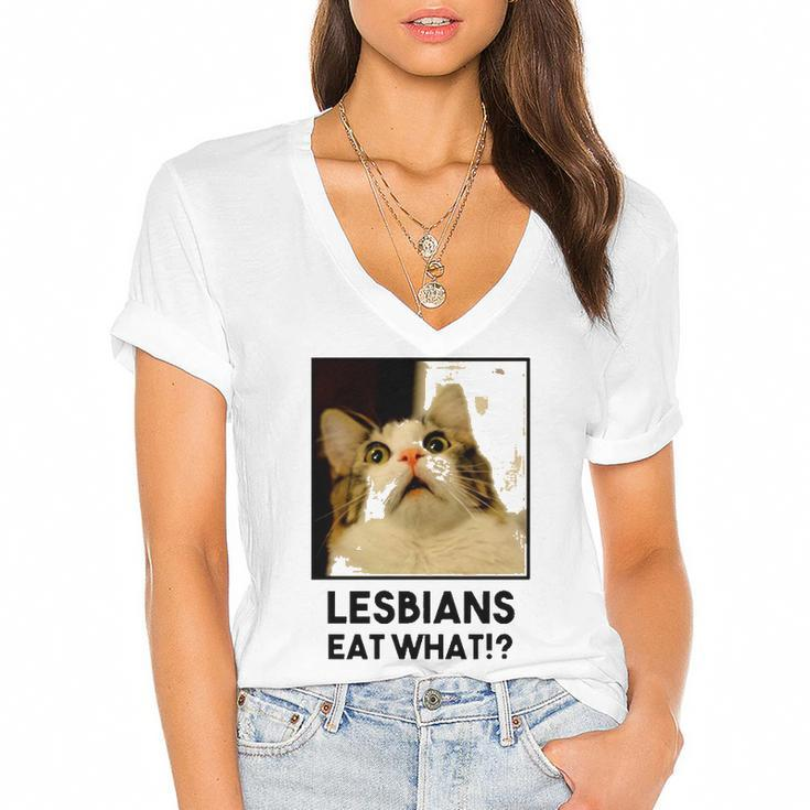 Lesbian Eat What Funny Cat Women's Jersey Short Sleeve Deep V-Neck Tshirt