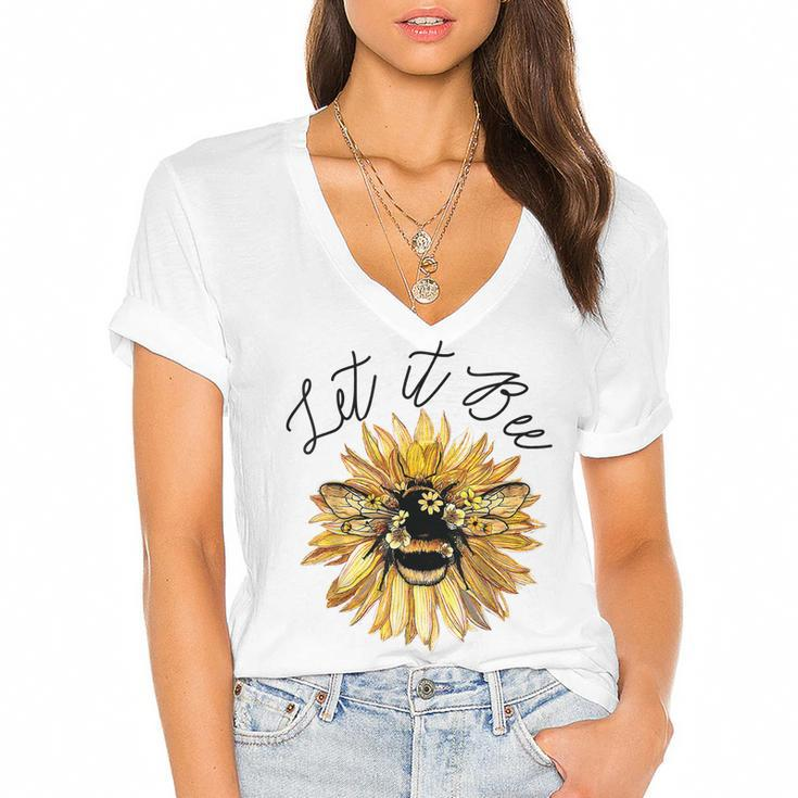 Let It Be  Bee Sunflower  For Women Summer Tops  Women's Jersey Short Sleeve Deep V-Neck Tshirt