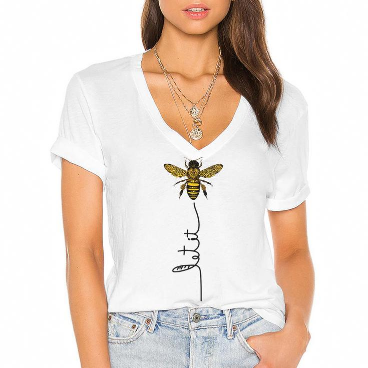 Let It Bee Hand Drawn Sweet Bees Beekeeper Line Art Girl  Women's Jersey Short Sleeve Deep V-Neck Tshirt