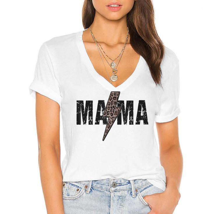 Mama Lightning Bolt Leopard Cheetah Print Mothers Day  Women's Jersey Short Sleeve Deep V-Neck Tshirt
