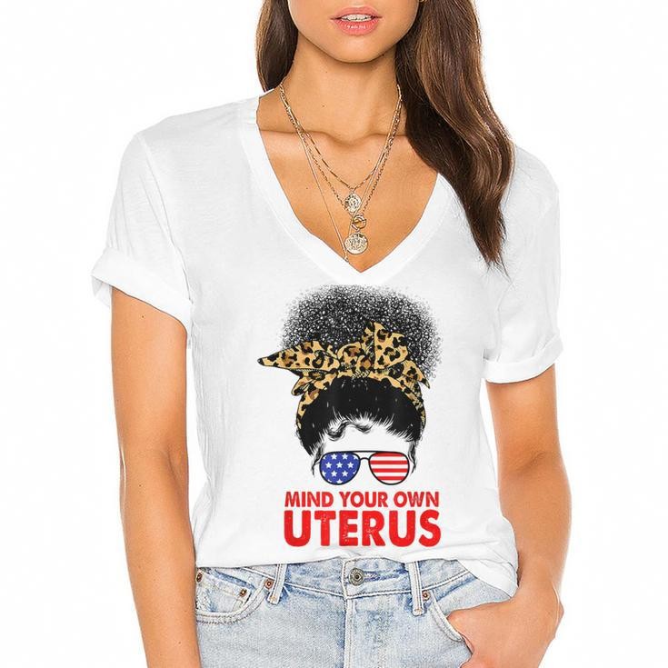 Melanin Leopard Mind Your Own Uterus Pro Choice Feminist  Women's Jersey Short Sleeve Deep V-Neck Tshirt