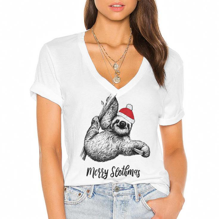 Merry Slothmas Christmas Pajama Santa Hat For Sloth Lovers  Women's Jersey Short Sleeve Deep V-Neck Tshirt