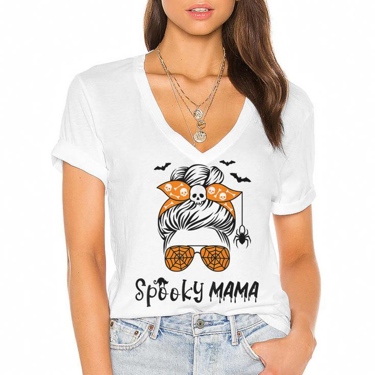 Messy Bun Spooky Mama Mom Funny Halloween Costume Skull  Women's Jersey Short Sleeve Deep V-Neck Tshirt
