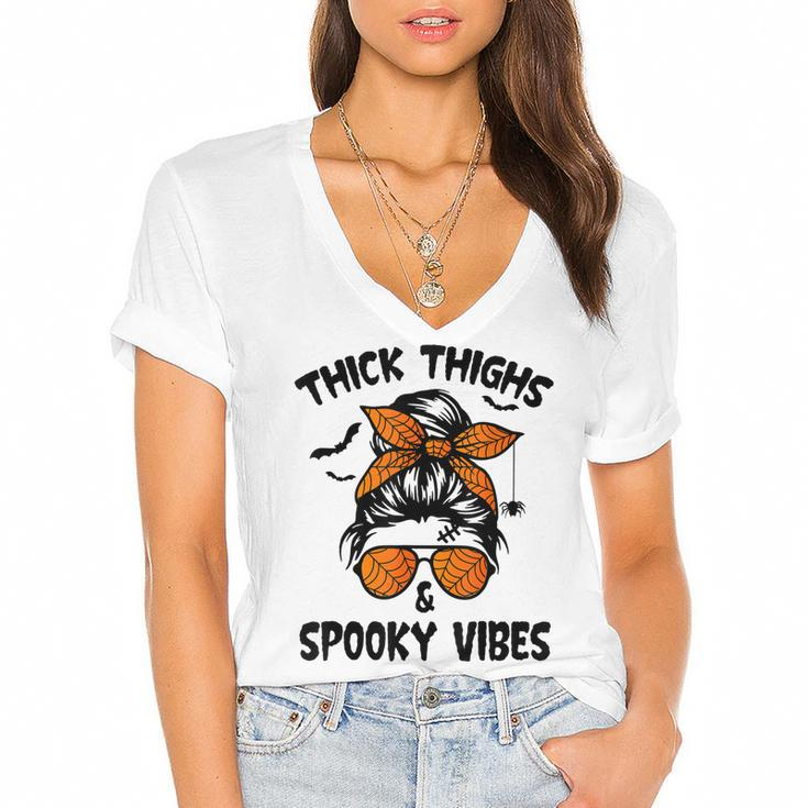 Messy Bun Thick Thighs And Spooky Vibes Halloween Women  Women's Jersey Short Sleeve Deep V-Neck Tshirt