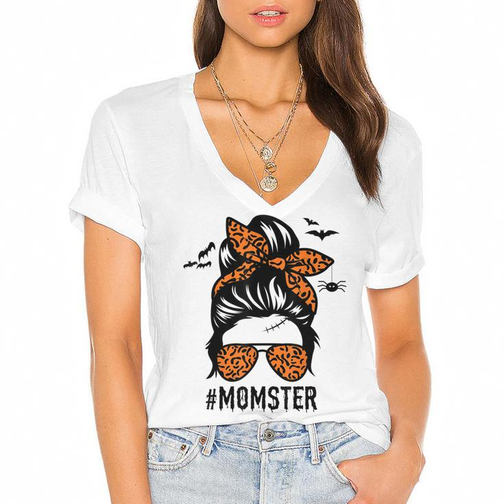 Mom Messy Bun Halloween Leopard Womens Momster Funny Spooky  Women's Jersey Short Sleeve Deep V-Neck Tshirt