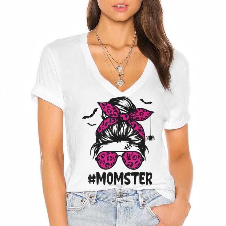 Momster  For Women Halloween Mom Messy Bun Leopard  Women's Jersey Short Sleeve Deep V-Neck Tshirt