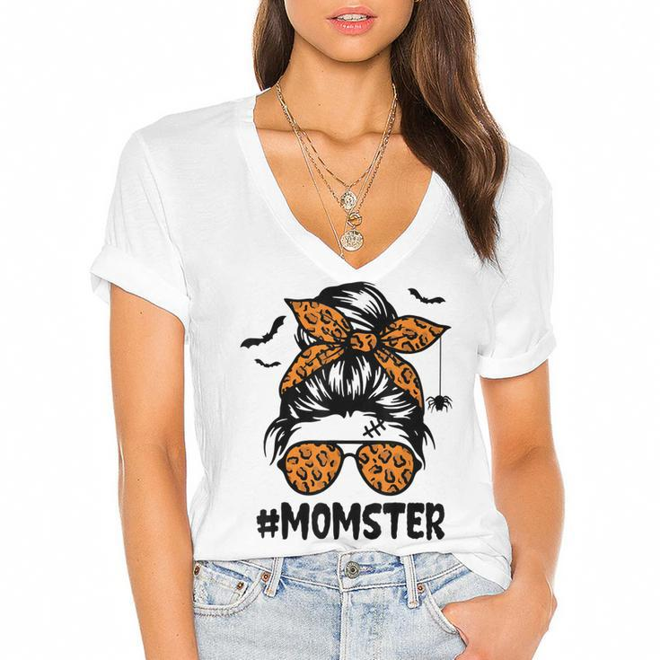 Momster  For Women Halloween Mom Messy Bun Leopard  Women's Jersey Short Sleeve Deep V-Neck Tshirt