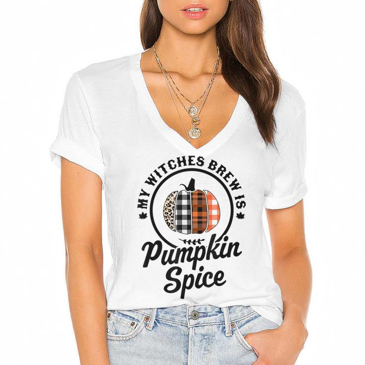 My Witches Brew Is Pumpkin Spice Halloween Plaid Leopard  V2 Women's Jersey Short Sleeve Deep V-Neck Tshirt