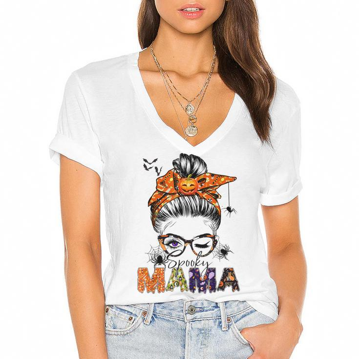 One Spooky Mama For Halloween Messy Bun Mom Monster Bleached  V2 Women's Jersey Short Sleeve Deep V-Neck Tshirt