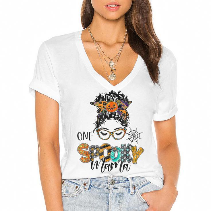 One Spooky Mama For Halloween Messy Bun Mom Monster Bleached  Women's Jersey Short Sleeve Deep V-Neck Tshirt