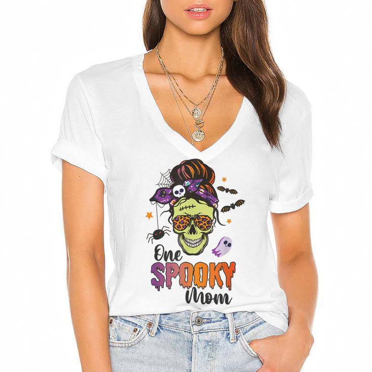 One Spooky Mama Mom Halloween Skull Messy Hair Bun Mother  Women's Jersey Short Sleeve Deep V-Neck Tshirt