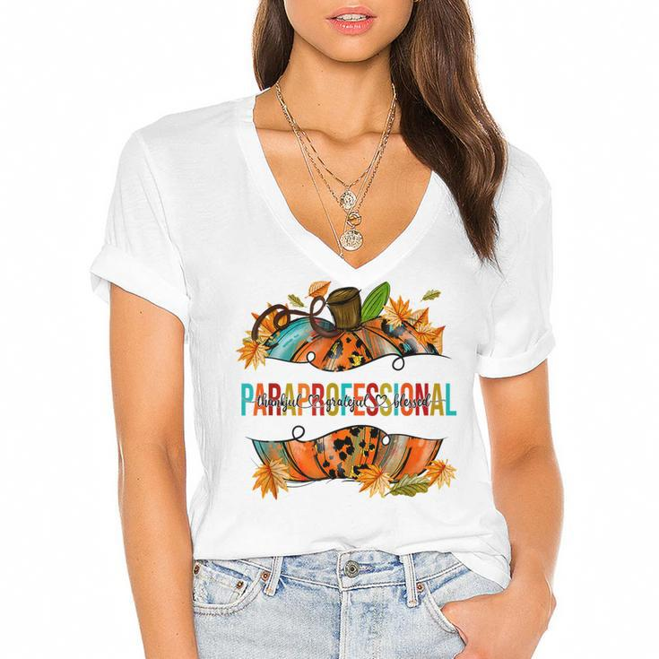 Paraprofessional Happy Fall Y’All Pumpkin Para Teacher Fall  Women's Jersey Short Sleeve Deep V-Neck Tshirt