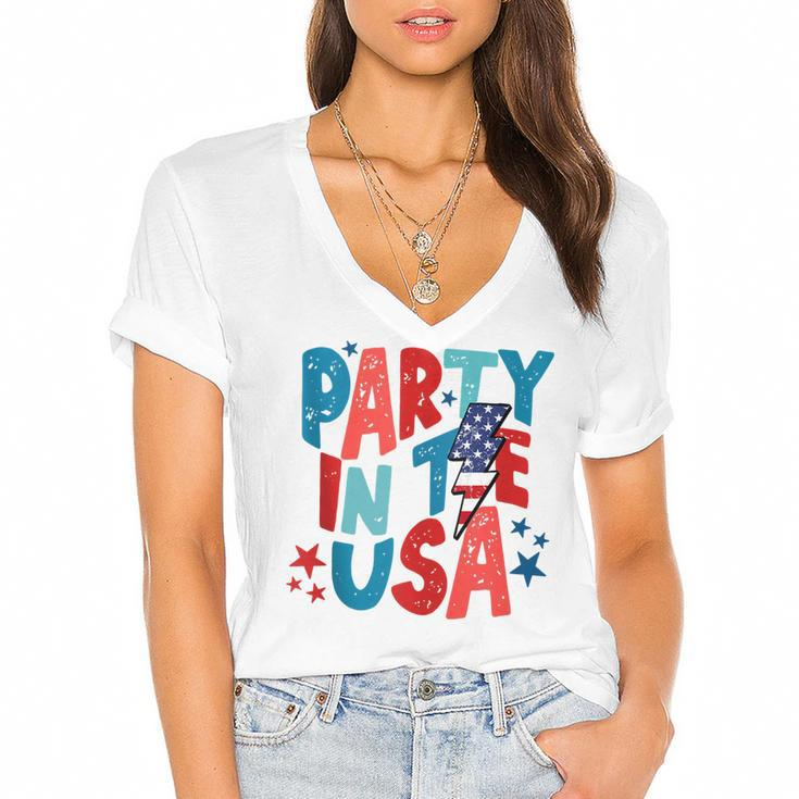Party In The Usa Funny 4Th Of July American Flag  Women's Jersey Short Sleeve Deep V-Neck Tshirt