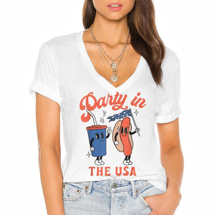 Party In The Usa  Hot Dog Kids Funny Fourth Of July  Women's Jersey Short Sleeve Deep V-Neck Tshirt