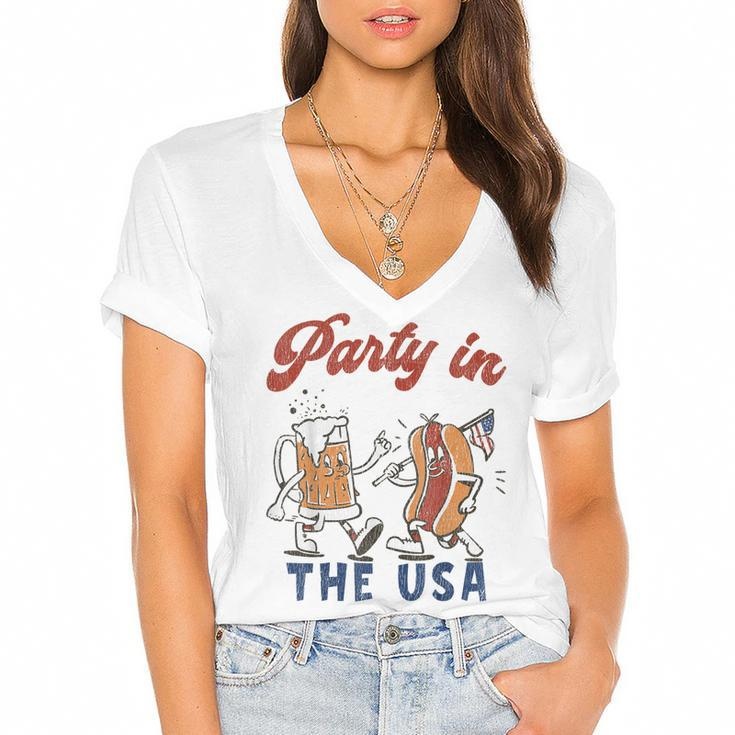 Party In The Usa  Hot Dog Love Usa Funny Fourth Of July  Women's Jersey Short Sleeve Deep V-Neck Tshirt