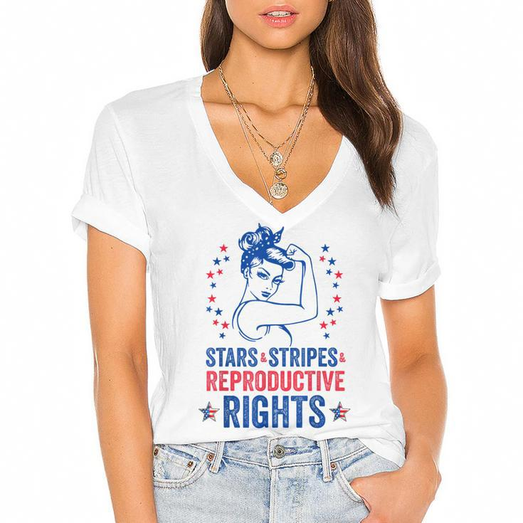 Patriotic 4Th Of July  Stars Stripes Reproductive Right  Women's Jersey Short Sleeve Deep V-Neck Tshirt