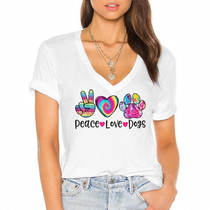 Peace Love Dogs Tie Dye Dog Paw Dog Mom Mothers Day  Women's Jersey Short Sleeve Deep V-Neck Tshirt