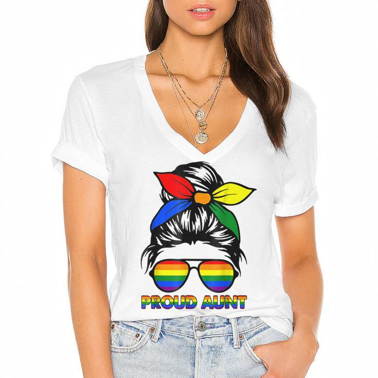 Proud Aunt Messy Bun Rainbow Lgbt Gay Pride Month  Women's Jersey Short Sleeve Deep V-Neck Tshirt