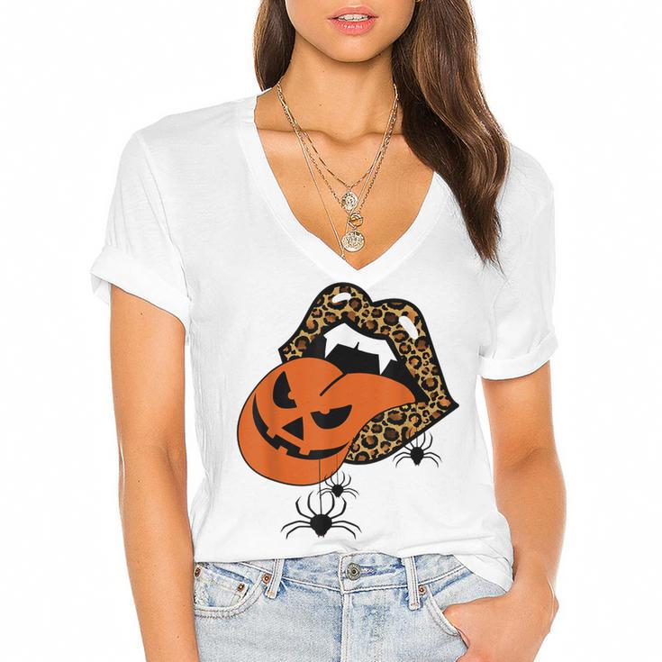 Pumpkin Tongue Out Vampire Leopard Lips Spider Halloween  Women's Jersey Short Sleeve Deep V-Neck Tshirt
