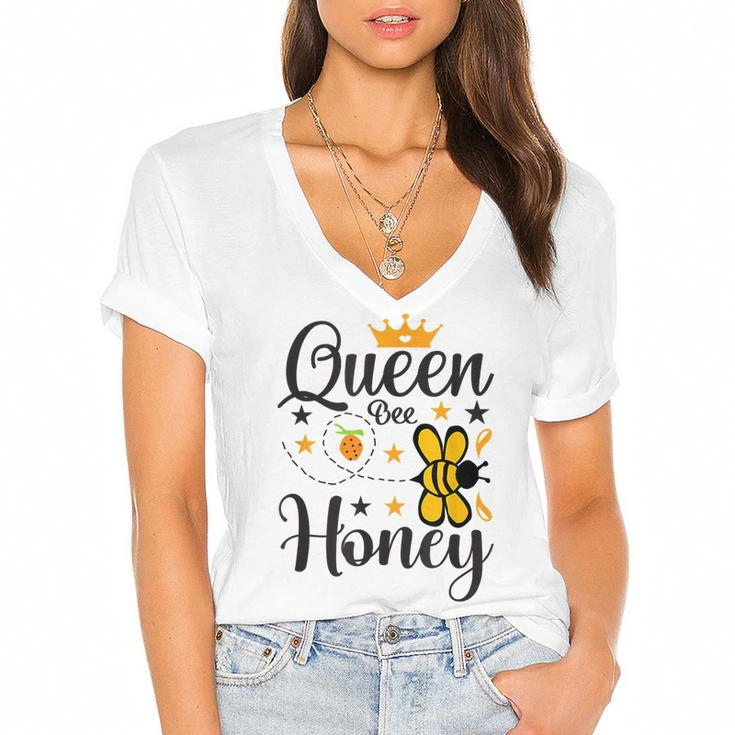 Queen Bee Black Girl Magic Melanin Women Afro American  Women's Jersey Short Sleeve Deep V-Neck Tshirt