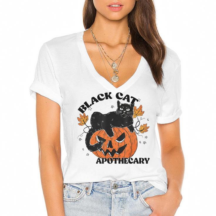 Retro Black Cat Apothecary And Pumpkin Halloween Vintage  Women's Jersey Short Sleeve Deep V-Neck Tshirt