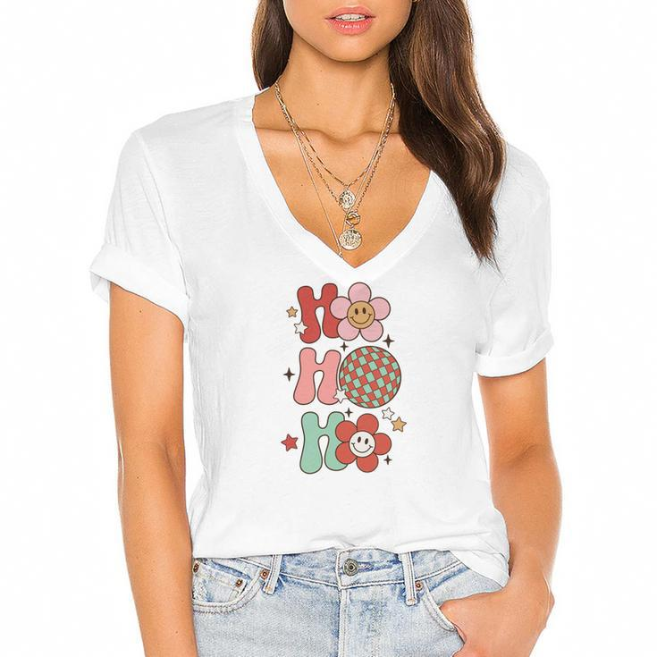 Retro Christmas Ho Ho Ho Vintage Christmas Gifts Women's Jersey Short Sleeve Deep V-Neck Tshirt