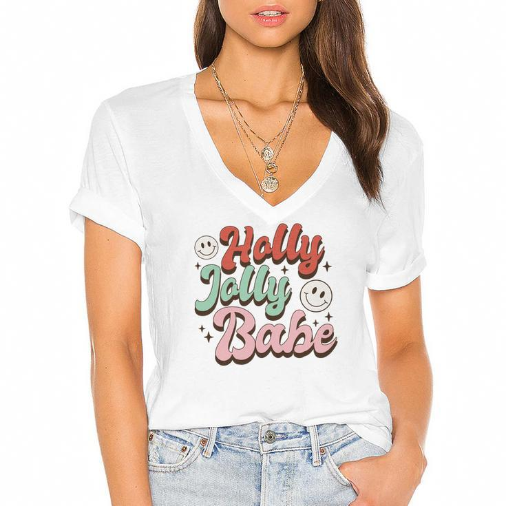 Retro Christmas Holly Jolly Babe Smiley Face Vintage Christmas Women's Jersey Short Sleeve Deep V-Neck Tshirt