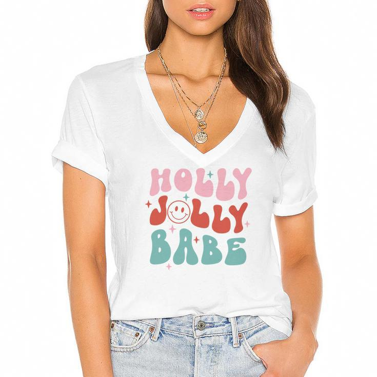 Retro Christmas Holly Jolly Babe V2 Women's Jersey Short Sleeve Deep V-Neck Tshirt