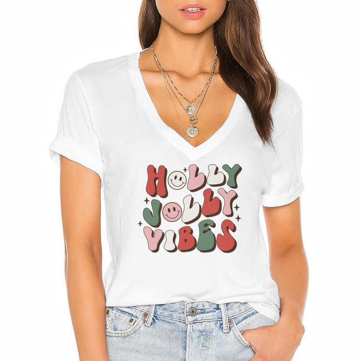 Retro Christmas Holly Jolly Vibes Women's Jersey Short Sleeve Deep V-Neck Tshirt