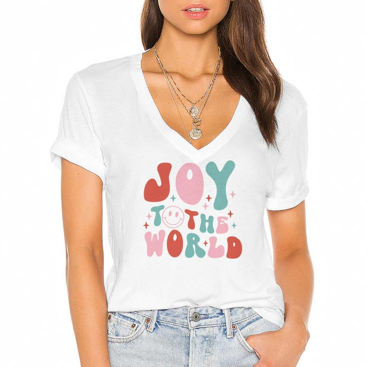 Retro Christmas Joy To The World Vintage Christmas Gifts Women's Jersey Short Sleeve Deep V-Neck Tshirt