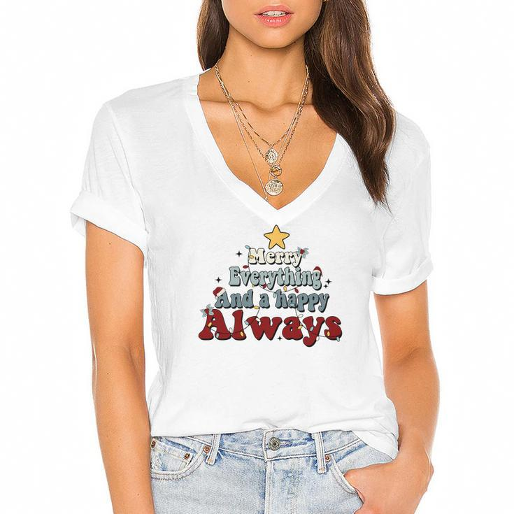 Retro Christmas Merry Everything And A Happy Always Women's Jersey Short Sleeve Deep V-Neck Tshirt