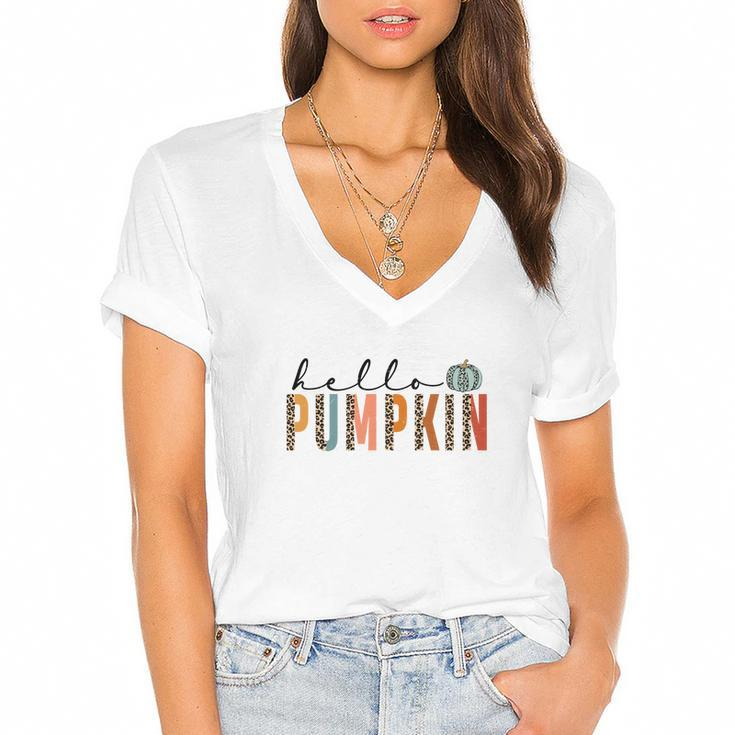 Retro Fall Hello Pumpkin Thanksgiving Autumn Women's Jersey Short Sleeve Deep V-Neck Tshirt
