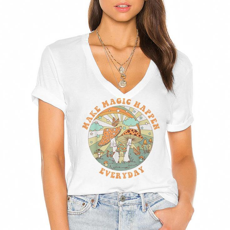 Retro Groovy Make Magic Happen Mushroom Hippie Botanical  Women's Jersey Short Sleeve Deep V-Neck Tshirt