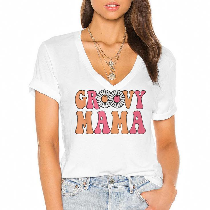 Retro Groovy Mama Matching Family 1St Birthday Party  V2 Women's Jersey Short Sleeve Deep V-Neck Tshirt