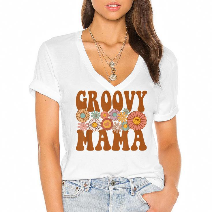 Retro Groovy Mama Matching Family 1St Birthday Party  Women's Jersey Short Sleeve Deep V-Neck Tshirt