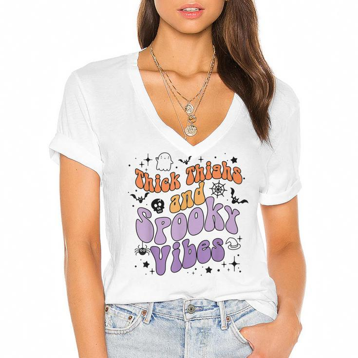 Retro Groovy Thick Thighs And Spooky Vibes Funny Halloween  Women's Jersey Short Sleeve Deep V-Neck Tshirt