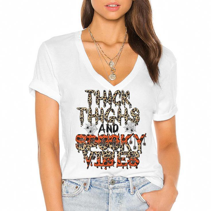 Retro Leopard Thick Thighs And Spooky Vibes Funny Halloween  Women's Jersey Short Sleeve Deep V-Neck Tshirt