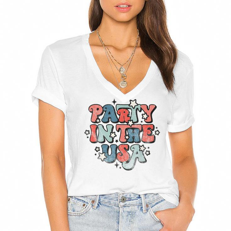 Retro Party In The Usa 4Th Of July Patriotic  Women's Jersey Short Sleeve Deep V-Neck Tshirt