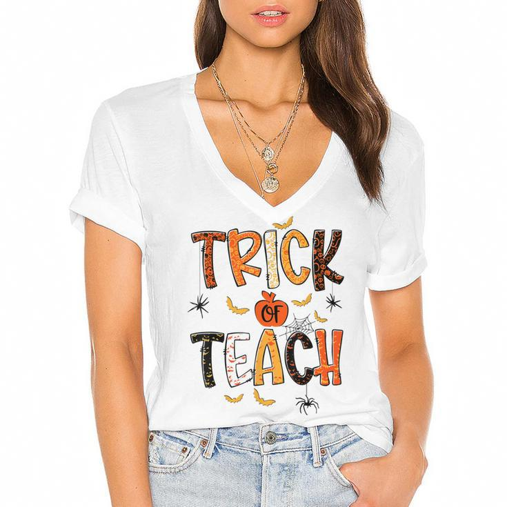 Retro Trick Or Teach Teacher Halloween Costume Men Women  V2 Women's Jersey Short Sleeve Deep V-Neck Tshirt